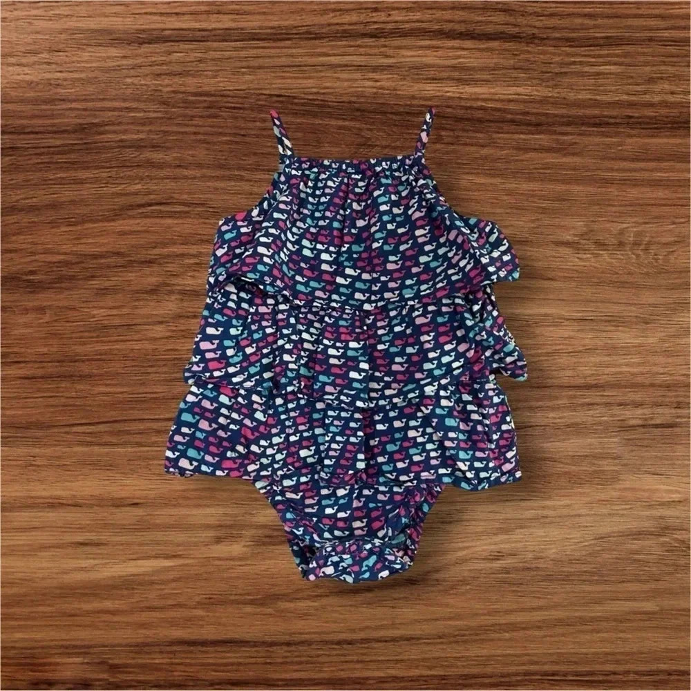 VINEYARD VINES for Target EUC Girls 12 Mo School of Whales Tiered Ruffled Romper